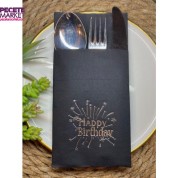 Gümüş Yaldızlı Siyah Cepli Happy Bırthday Peçete 12 Adet 40x40