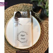 Gümüş Yaldızlı Beyaz Çiçekli Afiyet Olsun Cepli Peçete 5 Adet