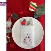 Kırmızı Yaldızlı Yılbaşı Çam Ağacı Desenli 12 li Beyaz Renkli Kağıt Cepli Peçete