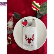 Kırmızı Beyaz Cepli Aır Touch Yılbaşı Geyik Modeli Peçete 12 Adet 40x40