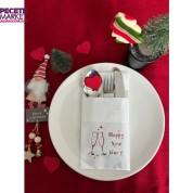 Kırmızı Yaldızlı Beyaz Cepli Yılbaşı Kadeh Happy New Year Kağıt Peçete 12 Adet 40x40