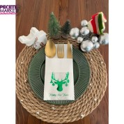 Yeşil Yaldızlı Beyaz Cepli Aır Touch Yılbaşı Geyik Modeli Peçete 12 Adet 40x40