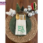 Yeşil Yaldızlı Beyaz Cepli Happy New Year Çam Ağacı  Peçete 12 Adet 40x40