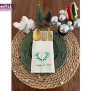 Yeşil Yaldızlı Beyaz Cepli Aır Touch Happy New Year Geyik Boynuzu Peçete 12 Adet 40x40
