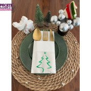 Yeşil Yaldızlı Yılbaşı Çam Ağacı Desenli 12 li Beyaz Renkli Kağıt Cepli Peçete