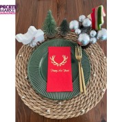 Gold Yaldızlı Kırmızı Happy New Year Geyik Boynuzu Peçete 16 lı