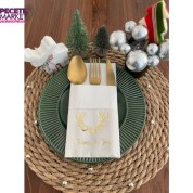 Gold Yaldızlı Beyaz Cepli Aır Touch Happy New Year Geyik Boynuzu Peçete 12 Adet 40x40
