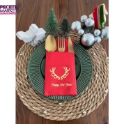 Gold Yaldızlı Kırmızı Cepli Aır Touch Happy New Year Geyik Boynuzu Peçete 12 Adet 40x40