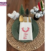 Kırmızı Yaldızlı Beyaz Cepli Küçük Geyik Boynuzu Peçete 12 Adet 40x40