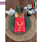 Gold Yaldızlı Kırmızı Cepli Küçük Geyik Boynuzu Peçete 12 Adet 40x40