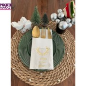 Gold Yaldızlı Beyaz Cepli Küçük Geyik Boynuzu Peçete 12 Adet 40x40