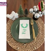 Yeşil Yaldızlı Beyaz Happy New Year Küçük Geyik Boynuzu Peçete 16 lı