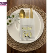 Gold Yaldızlı Beyaz Cepli Hello Elli Yaş Peçete 12 Adet 40x40