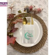 Yeşil Yaldızlı Hayırlı Ramazanlar Ay Desenli 12 li Beyaz Renkli Kağıt Cepli Peçete