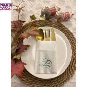 Yeşil Yaldızlı Beyaz Eid Mubarak Cepli Peçete 12 lı 40x40