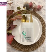 Yeşil Yaldızlı Ramadan Kareem Ay Desenli 12 li Beyaz Renkli Kağıt Cepli Peçete