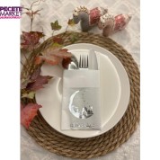 Gümüş Yaldızlı Beyaz Arapça Ay Desenli Ramadan Mubarek Cepli Peçete 12 lı 40x40