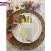 Gold Yaldızlı Beyaz Arapça Ay Desenli Ramadan Kerim Cepli Peçete 12 lı 40x40