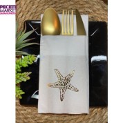 Gold Yaldızlı Beyaz Tekli Deniz Yıldızı Cepli Peçete 12 lı 40x40