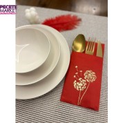 Gold Yaldızlı Kırmızı Cepli Hindiba Çiçeği Peçete 12 Adet