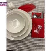 Gümüş Yaldızlı Kırmızı Cepli Hindiba Çiçeği Peçete 12 Adet