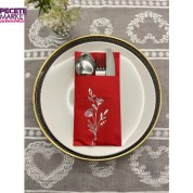 Gümüş Yaldızlı Kırmızı Cepli Gelincik Çiçeği Peçete 12 Adet