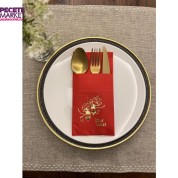 Gold Yaldızlı Kırmızı İftar Vakti Cepli Peçete 12 Adet