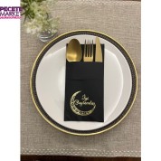 Gold Yaldızlı Siyah Ay Desenli İyi Bayramlar Cepli Peçete 12 lı