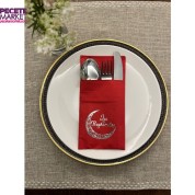 Gümüş Yaldızlı Kırmızı Ay Desenli İyi Bayramlar Cepli Peçete 12 lı