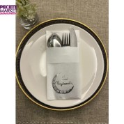 Gümüş Yaldızlı Beyaz Ay Desenli İyi Bayramlar Cepli Peçete 12 lı