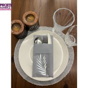 Gümüş Yaldızlı Kumaş Dokulu Air Laid Kanguru Yaprak Gri Cepli Peçete 6 lı