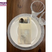 Gümüş Yaldızlı Kumaş Dokulu Air Laid Kanguru Hindiba Krem Cepli Peçete 6 lı