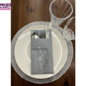 Gümüş Yaldızlı Kumaş Dokulu Air Laid Kanguru Gelincik Çiçeği Gri Cepli Peçete 6 lı