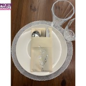 Gümüş Yaldızlı Kumaş Dokulu Air Laid Kanguru Gelincik Çiçeği Krem Cepli Peçete 6 lı