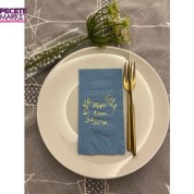 Gold Yaldızlı Mavi Afiyet Olsun Çiçekli Çelenk Garson Peçete 16 Adet