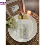 Gold Yaldızlı Beyaz Kelebek Yaprak Detaylı Cepli Kanguru Peçete 12 Adet