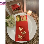 Gold Yaldızlı Kırmızı Kelebek Yaprak Detaylı Cepli Kanguru Peçete 12 Adet