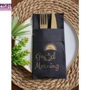 Gold Yaldızlı Siyah Cepli Good Morning Peçete 12 Adet 40x40