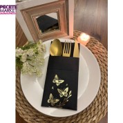 Gold Yaldızlı Siyah Kumaş Dokulu Air Laid Kanguru Kelebek Yaprak Detaylı Cepli Peçete 6 lı