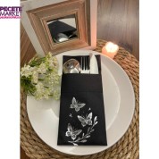 Gümüş Yaldızlı Siyah Kumaş Dokulu Air Laid Kanguru Kelebek Yaprak Detaylı Cepli Peçete 6 lı