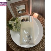 Gümüş Yaldızlı Krem Kumaş Dokulu Air Laid Kanguru Kelebek Yaprak Detaylı Cepli Peçete 6 lı