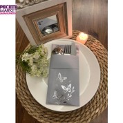 Gümüş Yaldızlı Gri Kelebek Yaprak Detaylı Kumaş Dokulu Air Laid Kanguru Cepli Peçete 6 lı