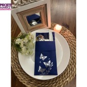 Gümüş Yaldızlı Lacivert Kumaş Dokulu Air Laid Kanguru Kelebek Yaprak Detaylı Cepli Peçete 6 lı