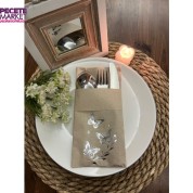 Gümüş Yaldızlı Kraft Kelebek Yaprak Detaylı Cepli Kanguru Peçete 12 Adet