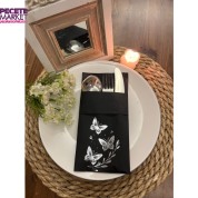 Gümüş Yaldızlı Siyah Kelebek Yaprak Detaylı Cepli Kanguru Peçete 12 Adet