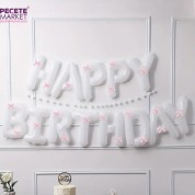 Pembe Kurdeleli Happy Bırthday Beyaz Folyo Balon Seti 33 Parça