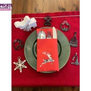 Gümüş Yaldızlı Kırmızı Yılbaşı Geyik Detaylı Cepli Kanguru Peçete 12 Adet