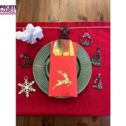 Gold Yaldızlı Kırmızı Yılbaşı Geyik Detaylı Cepli Kanguru Peçete 12 Adet