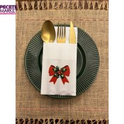 Yılbaşı Zarif Kırmızı Fiyonk Baskılı Kanguru Cepli Peçete Beyaz12 Adet