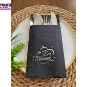 Gümüş Siyah Cepli Eid Mubarak Peçete 12 Adet 40x40